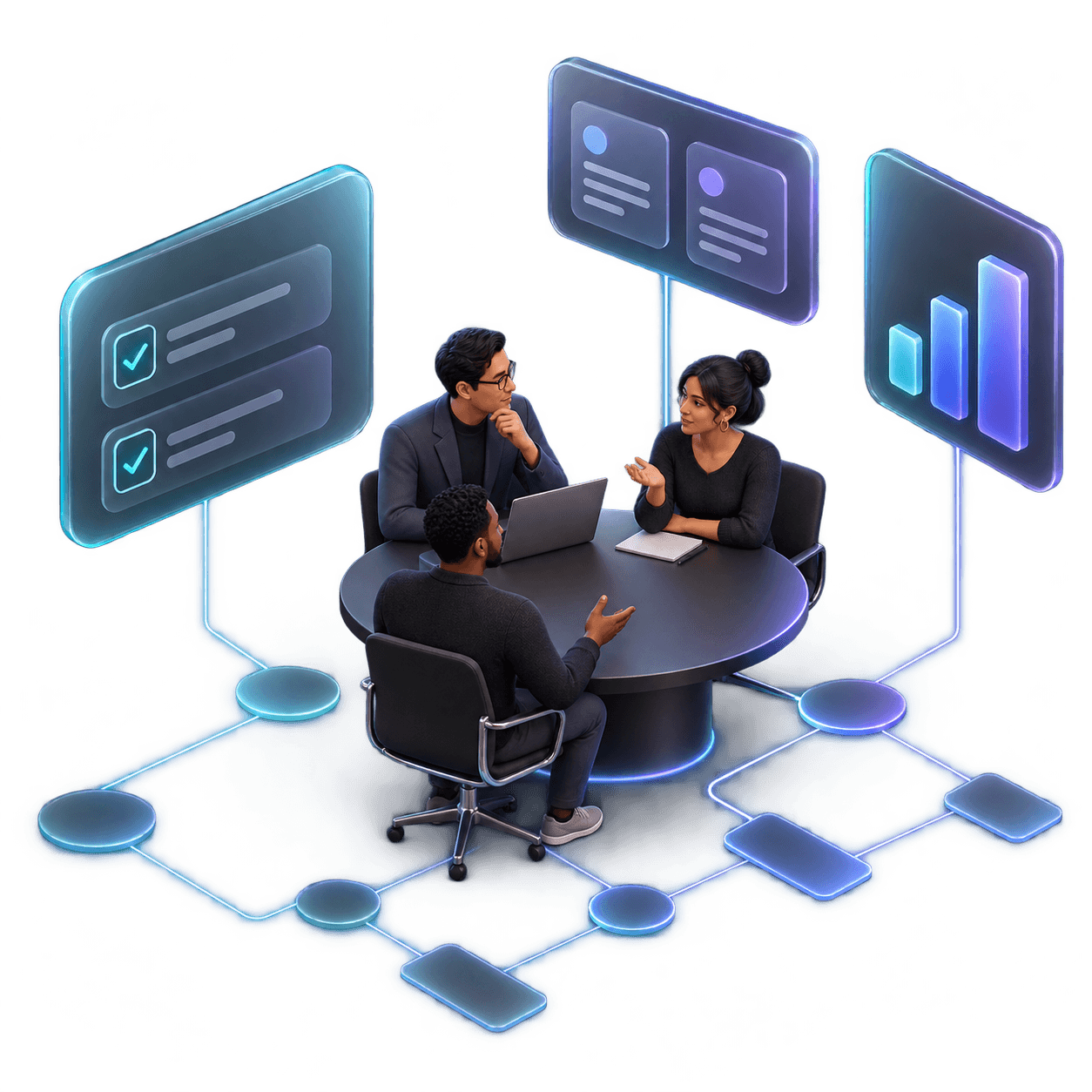Team collaborating around connected WorkElate apps